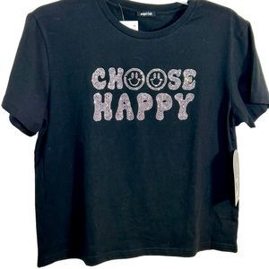 Stud decorated black t-shirt. Choose Happy. Size is Medium.